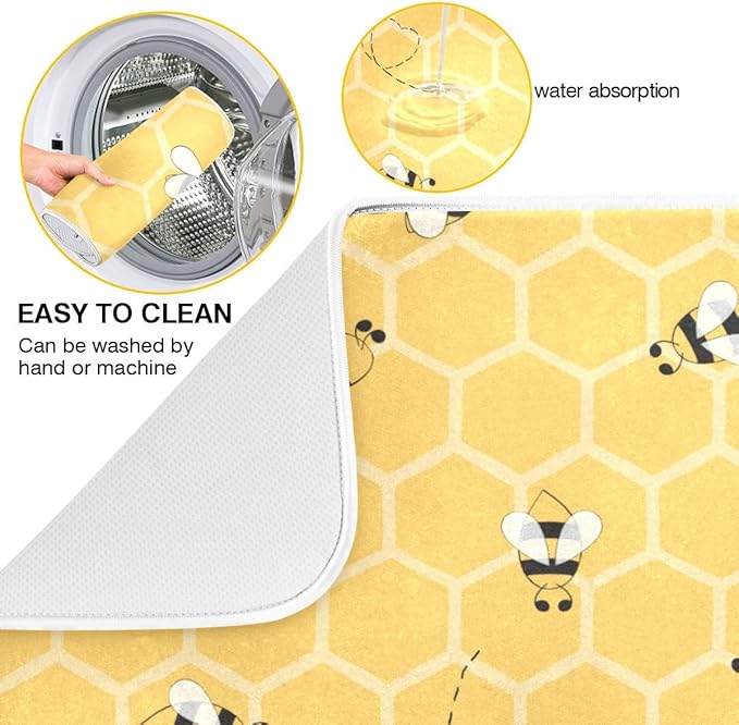 Funny Bees Honey Dish Drying Mat 16x18 for Kitchen Counter Yellow Bumblebee Beehive Dishes Pad Absorbent Fast Dry Dish Draining Mats Medium Kitchen Accessories