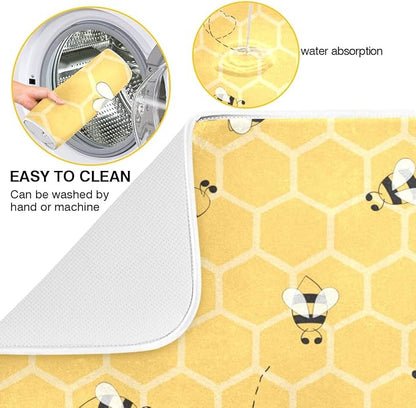 Funny Bees Honey Dish Drying Mat 16x18 for Kitchen Counter Yellow Bumblebee Beehive Dishes Pad Absorbent Fast Dry Dish Draining Mats Medium Kitchen Accessories