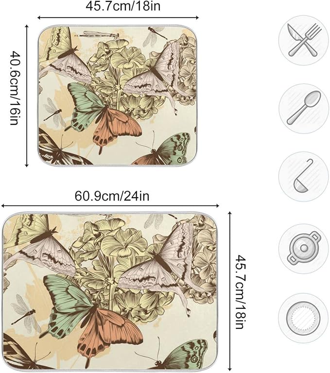 Super Absorbent Dish Drying Mat, Microfiber Fast-Drying Dish Mat, 16" x 18", Kitchen Dish Drying Pad, Retro Butterfly