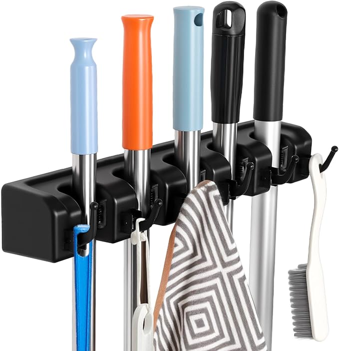 InPoTo Broom and Mop Holder, Wall Mounted Organizer Mop and Broom Storage Tool Rack with 5 Ball Slots and 6 Hooks (1Pack)