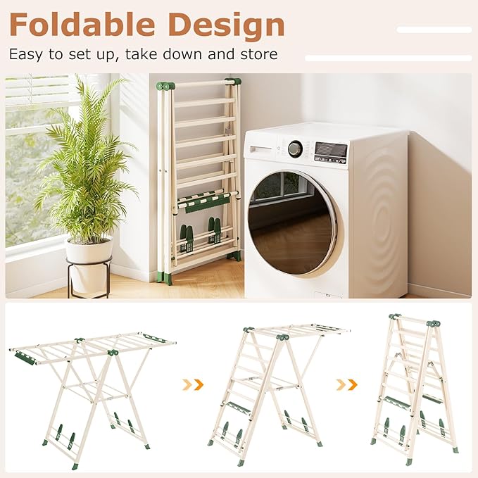 Giantex Clothes Drying Rack, Foldable Metal Laundry Drying Rack with Height Adjustable Wings, 16 Drying Rails, Sock Clips & Shoe Racks, Freestanding Clothing Stand for Indoor & Outdoor, Beige