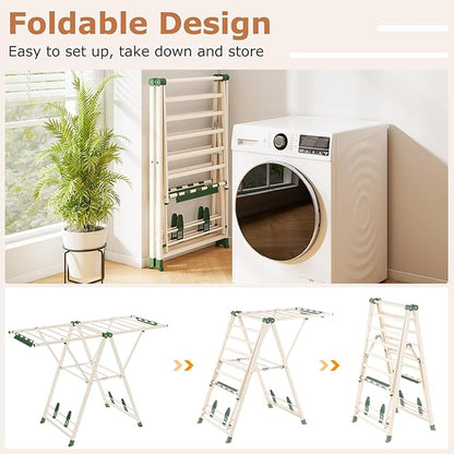 Giantex Clothes Drying Rack, Foldable Metal Laundry Drying Rack with Height Adjustable Wings, 16 Drying Rails, Sock Clips & Shoe Racks, Freestanding Clothing Stand for Indoor & Outdoor, Beige