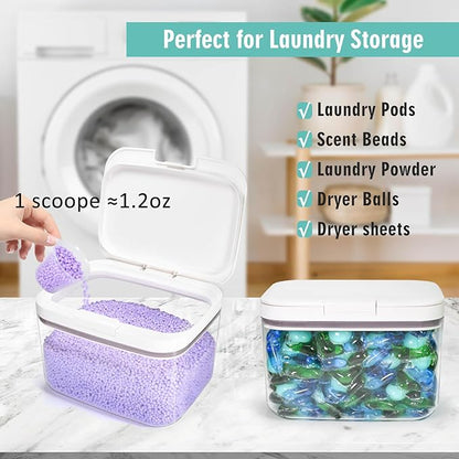 Laundry Pods Container Laundry Pod Holder with Lid, Laundry Room Storage Container for Detergent Pods Laundry Powder Scent Booster Container with Scoop (2 Pack)