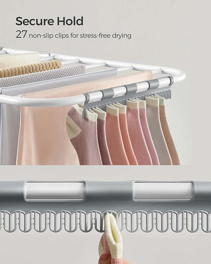 SONGMICS Clothes Drying Rack, with Sock Clips, Metal Laundry Rack, Foldable, Space-Saving, Free-Standing Airer, with 2 Height-Adjustable Gullwings, Indoor Outdoor Use, White and Gray ULLR052W02