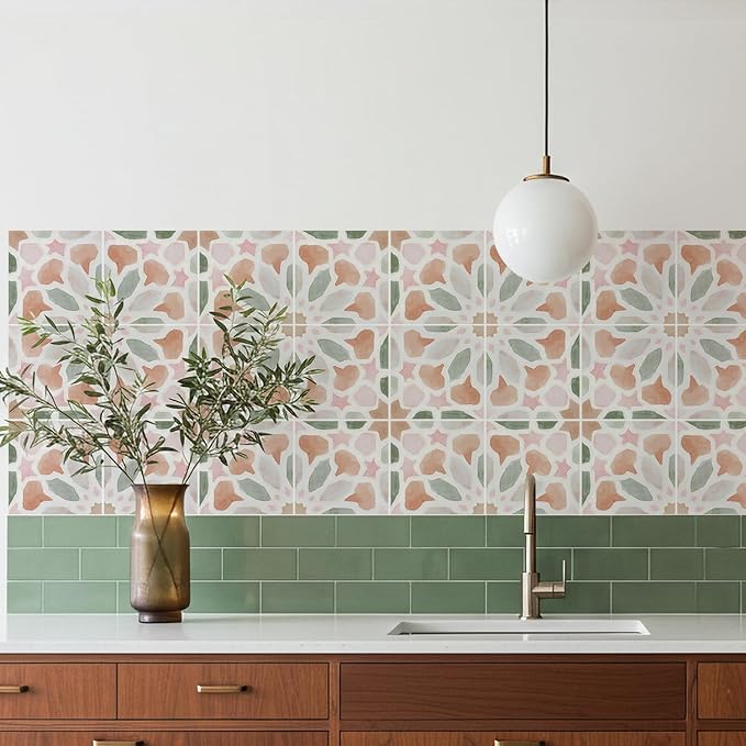16 Pack,Self Adhesive Moroccan Tile Stickers Vinyl Wall Decals Green Peel and Stick Waterproof 5.9x5.9inch for Home Kitchen Living Room Bedroom Decor