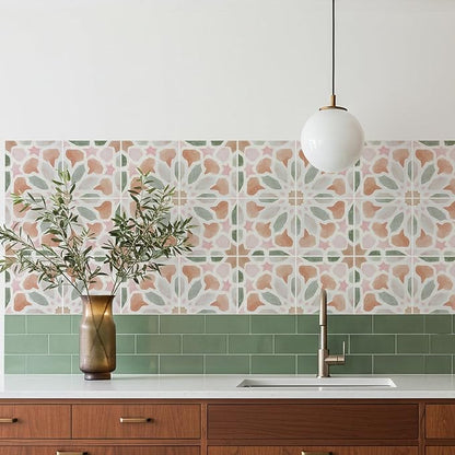 16 Pack,Self Adhesive Moroccan Tile Stickers Vinyl Wall Decals Green Peel and Stick Waterproof 5.9x5.9inch for Home Kitchen Living Room Bedroom Decor