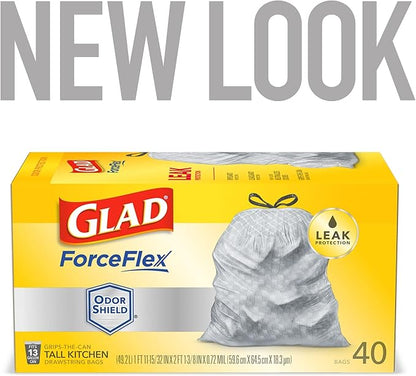 Glad ForceFlex Tall Kitchen Drawstring Trash Bags, 13 Gal, OdorShield, 40 Ct