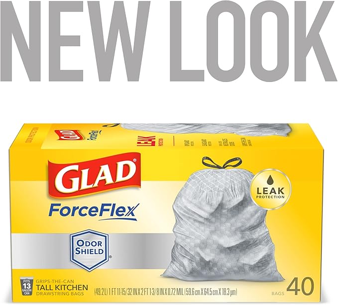 Glad ForceFlex Tall Kitchen Drawstring Trash Bags, 13 Gal, OdorShield, 40 Ct