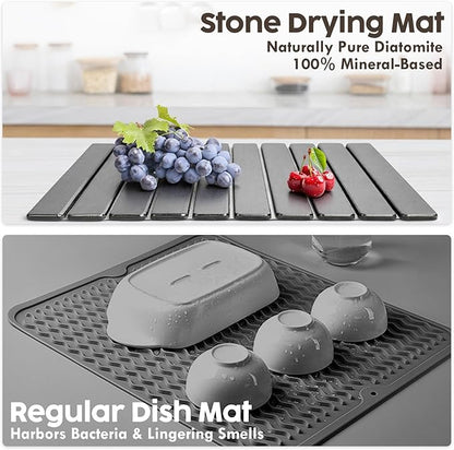 Large Stone Dish Drying Mat for Kitchen Counter, Premium Diatomaceous Earth Coaster Set for Dishes with Free Drainer Rack| Non-Slip Kitchen Sink Mat | Fast-Absorbing, (24x16 Inch, Light Grey)