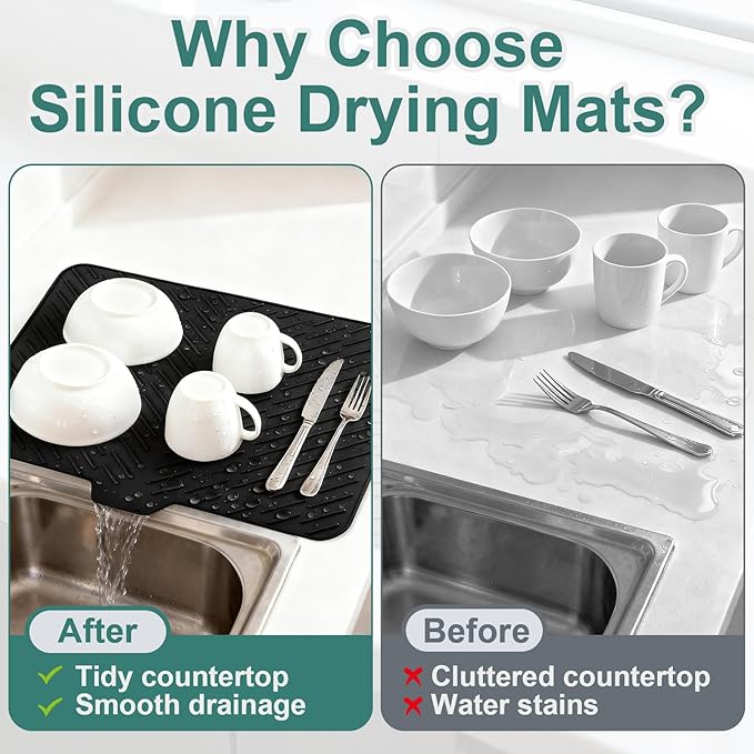 Silicone Dish Drying Mat 23x17 Multiple Usage,Easy clean,Eco-friendly,Heat-resistant Silicone Mat Dish Drying Mats For Kitchen Counter or Sink,Refrigerator or Drawer liner Black23inchx17inch