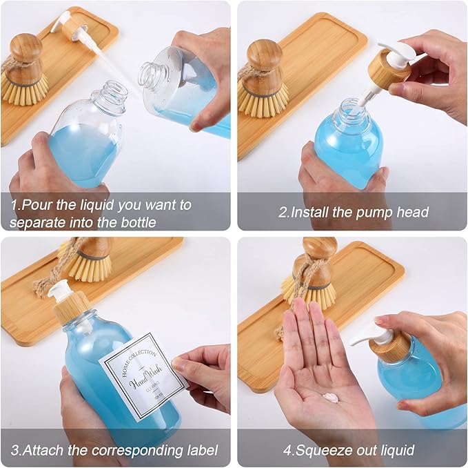 Zopeal 4 Pcs 16 oz Kitchen Soap Dispenser Set with Bamboo Tray and Dish Brush Plastic Soap Dispenser Set with Waterproof Labels for Hand Dish Lotion(Transparent)