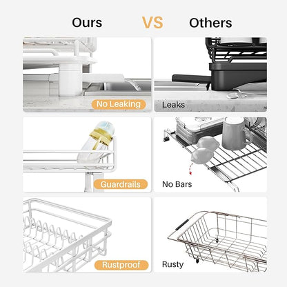 SNTD Dish Drying Rack - Extendable Dish Rack, Large Sink Drying Dish Drainer for Kitchen Counter, Stainless Steel Dish Strainer with Utensil Holder (White)