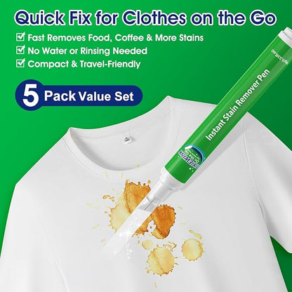 Stain Remover Pens for Clothing, 5 Pack – Instant Stain Removal Pen for Clothes, Travel-Friendly Laundry Stain Pen for Food, Coffee, Wine, Makeup, Grease & More