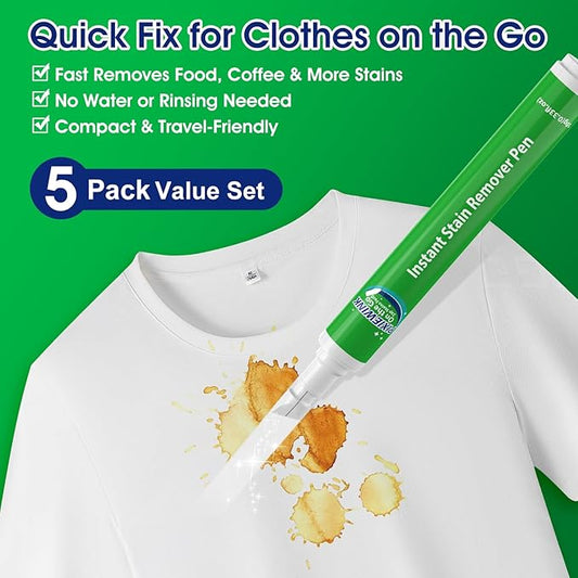 Stain Remover Pens for Clothing, 5 Pack – Instant Stain Removal Pen for Clothes, Travel-Friendly Laundry Stain Pen for Food, Coffee, Wine, Makeup, Grease & More