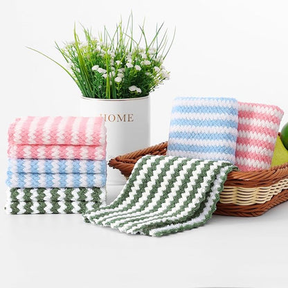 Homaxy 18 Pack Kitchen Dish Cloths, Ultra Soft and Absorbent Dish Towels, Reusable Fast Drying Microfiber Cleaning Cloth, Coral Velvet Wave Design No-lint, 10 x 10 inches, Blue/Pink/Grass Green