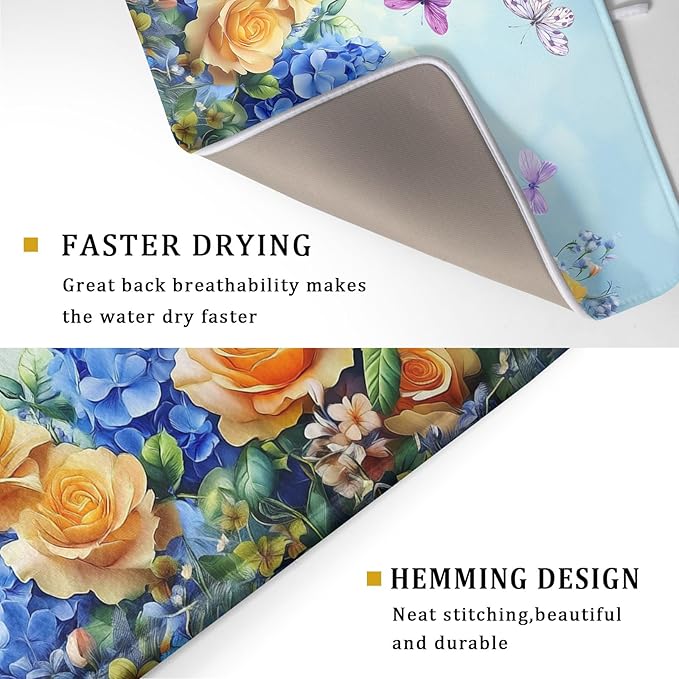 Spring Blue Yellow Hydrangeas Flowers Dish Drying Mat for Kitchen Counter,Colorful Butterflies Flying Drying Mat 18 x 24 Inch with High Absorbent Microfiber Drainer Mat for Coffee Bar