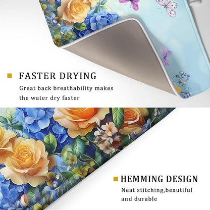 Spring Blue Yellow Hydrangeas Flowers Dish Drying Mat for Kitchen Counter,Colorful Butterflies Flying Drying Mat 18 x 24 Inch with High Absorbent Microfiber Drainer Mat for Coffee Bar