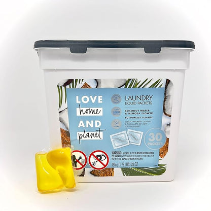 Love Home and Planet Coconut Water & Mimosa Flower Laundry Detergent Packets Similar to Laundry Powder Detergent and Detergent Pods Made with Plant Based Cleanser Comes with Clothespins (2 Pack 30 Count Each)