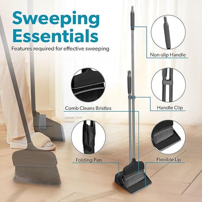BLACK+DECKER Butler Broom & Dustpan Set - Stand-Up Design - Lightweight, Space-Saving Combo for Kitchen, Living Room, Bathroom, Lobby Floors - Home Cleaning Essential, Black/Grey