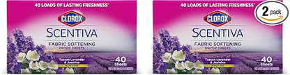 Clorox Scentiva Fabric Softening Dryer Sheets | Fabric Sheets in Tuscan Lavender & Jasmine | 40 Count Dryer Sheets That Reduce Wrinkles and Reduce Static Cling (Pack of 2)