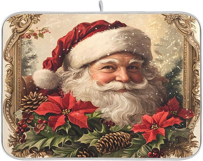 Christmas Santa Claus Poinsettia Dish Drying Mat for Kitchen Counter Absorbent Microfiber Drying Pad, Medium 16x18 in