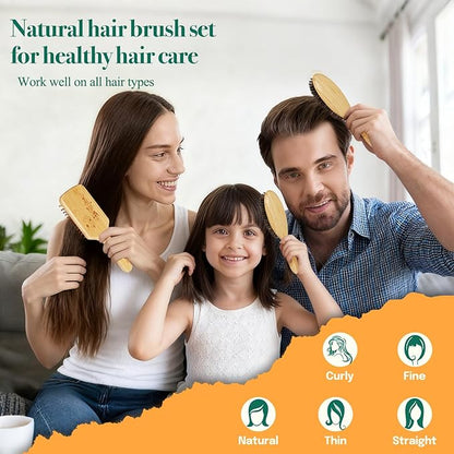 Sofmild Natural Bamboo Hair Brush Set for Women Men Kids, Detangling Brush for Thick Curly Wet Hair,Boar Bristle Hair Brush for Fine Thin Dry Hair to Add Shine and Smooth Flyaways,2-in-1Hair Care