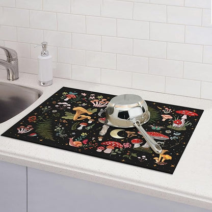 Mushroom Dish Drying Mat for Kitchen Counter 18"x24" Moth Gothic Witchy Dishes Pad Dish Drainer Rack Mats Microfiber Washable Absorbent Kitchen Decor, Black