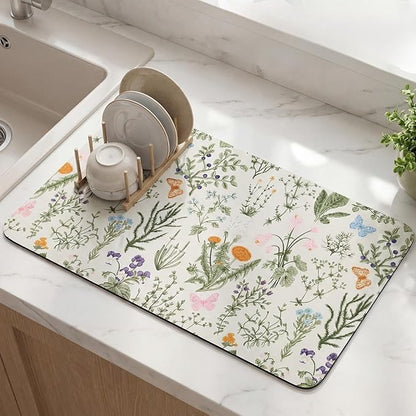 LemonRoad Dish Drying Mat for Kitchen Counter, 12"x20" Absorbent Coffee Bar Mat with Spring Floral Design, Fast-dry Diatomite Drainer Drying Mats with Non-slip Backing for Kitchen Sink Countertop