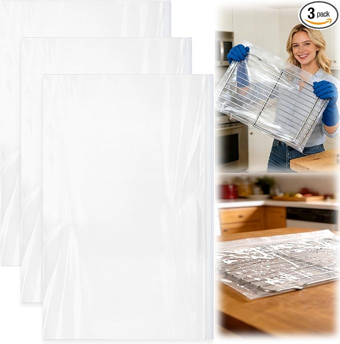 Palksky Oven Rack Cleaning Bags, 19.6 x 27.5 Inch Heavy Duty No-Scrub with Side Zipper Opening, Reusable Leak-Resistant PE for Deep Soaking Grill Grates & BBQ Racks, No Cleaner Included, 3 Pack