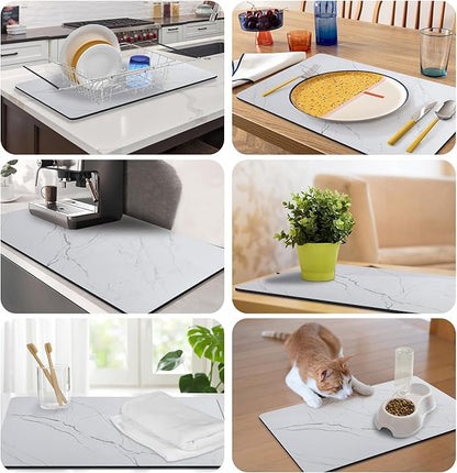CooRug Marble Pattern Dish Drying Mat, Absorbent Coffee Bar Mat for Kitchen Counter, Non-slip Pad with Rubber Backed, Washable and Easy to Clean 16" x 24" Light Marble