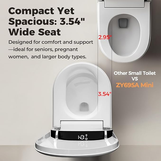 Smart Compact Toilet for Small Bathroom, 23" Depth Shallow Toilet with Foam Shield Auto Open/Close Lid, 12" Rough In, Built-in Tank, Heated Seat Foot Sensor Flush One-Piece (ZY695A Mini)