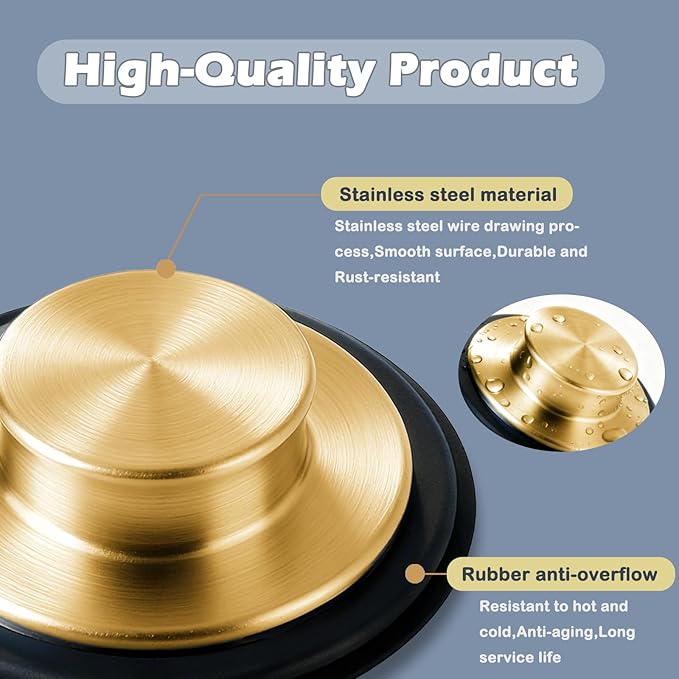 3 3/8 inch (86 mm) Stainless Steel Sink Stopper, Kitchen Garbage Disposal Plug with Wide Rim, Fits Standard 3.5 Inch Drains, Durable and Rustproof - Gold