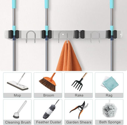Mop Broom Holder Wall Mount, 2 Packs Silver Stainless Steel Tool Storage Organizer for Kitchen Garden Garage Laundry Room Bathroom and RV with 4 Slots 6 Hooks