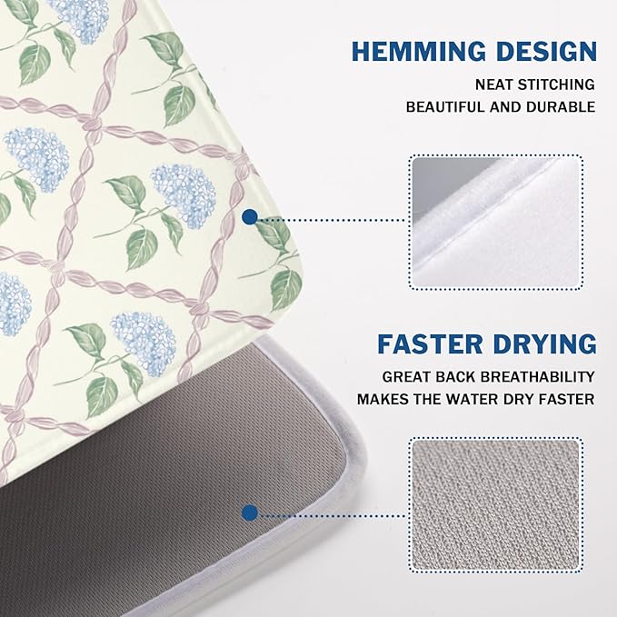 Hydrangea Floral Dish Drying Mat for Kitchen Counter Watercolor Blue and Pink Flower Drying Mat 18x24 Inch Rustic Elegant Absorbent Dish Drainer Mat Kitchen Accessories