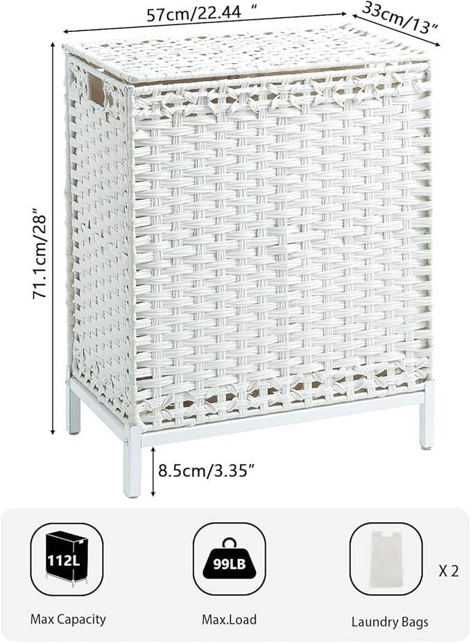 Laundry Hamper with Lid,112 L Handwoven Rattan Wicker Laundry Basket, 2 Removable Liner Bags Metal Heightened Feet,6 Mesh Bags,2 Section Large Clothes Hamper for Bathroom Bedroom, Cloud White