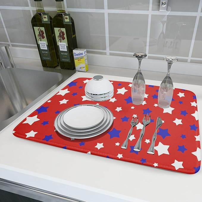 Fourth of July Independence Memorial Dish Drying Mat for Kitchen Counter,Blue White Star Patriotic Red Drying Mat 18 x 24 Inch with High Absorbent Microfiber Dish Drying Mat for Coffee Bar