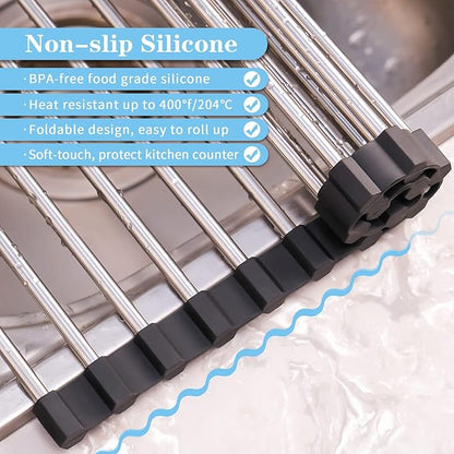 Seropy Roll Up Dish Drying Rack Over The Sink Drying Rack for Kitchen Counter, Rolling Dish Rack Over Sink Mat, Foldable Dish Drainer Stainless Steel Rack Kitchen Organization Gadgets Black 17"x11.8"