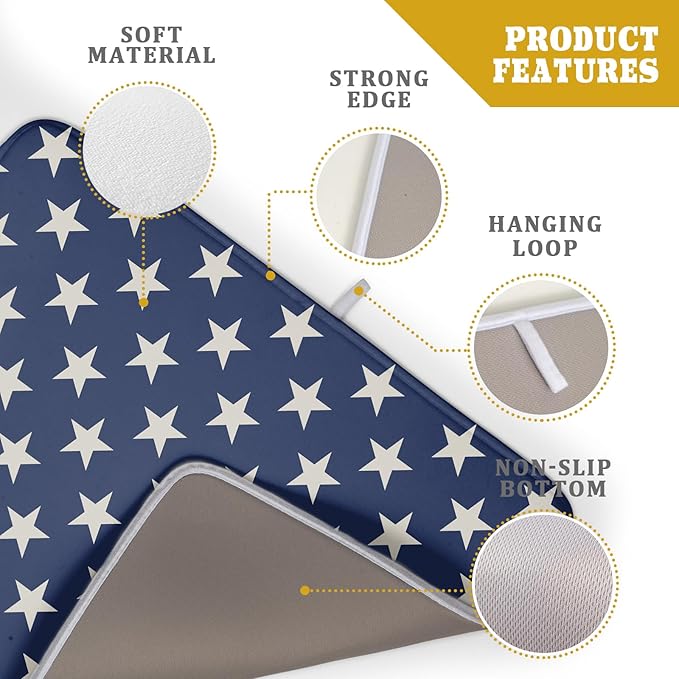 Patriotic July of 4th Blue Star Dish Drying Mat for Kitchen Counter 18x24 Memorial Independence Day Absorbent Reversible Microfiber Drying Mats Kitchen Countertop Protector Dishes Drainer Pad