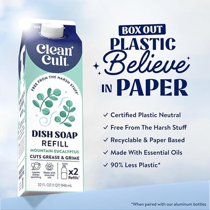 Cleancult Dish Soap Liquid Refills - Plant Based Cleaning Power - Cuts Grease & Grime - Free of Harsh Chemicals - Uses 90% Less Plastic - Mountain Eucalyptus - 32 oz/3 Pack