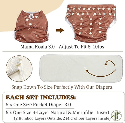Mama Koala 3.0 Cloth Diapers for Babies with AWJ Lining, 6 Pack with 6 Natural Cloth Diaper Inserts - Reusable and Washable Pocket Diapers (in the Sea)