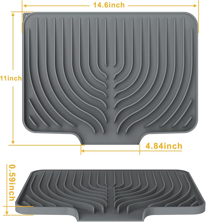 Silicone Drying Mat for Kitchen Counter , Dish Drying Rack Matt with Built in Drain, Small Dry Mats for Dishes Drying Pad for Kitchen Counter (14.6×11inch, gray)