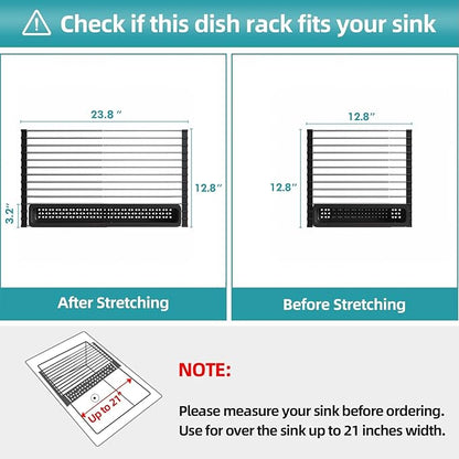 JASIWAY Roll Up Dish Drying Rack, Expandable (12.8"-23.8" D x 12.8" W) Stainless Steel Portable Over The Sink Dish Drainer for Kitchen Sink Counter, Foldable Sink Cover with Removable Utensil Holder