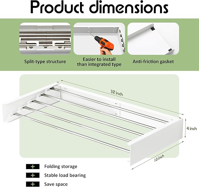 Clothes Drying Rack Wall Mounted 32“,Drying Rack Clothing Wall Mount,Laundry Drying Rack,Wall Mounted Clothes Hanging Rack (White)