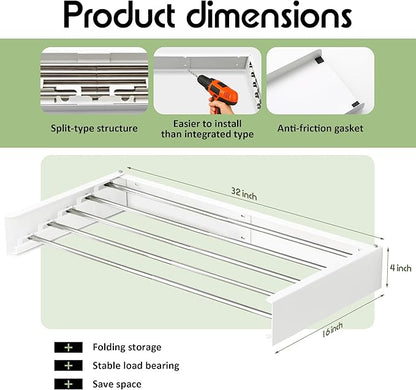 Clothes Drying Rack Wall Mounted 32“,Drying Rack Clothing Wall Mount,Laundry Drying Rack,Wall Mounted Clothes Hanging Rack (White)