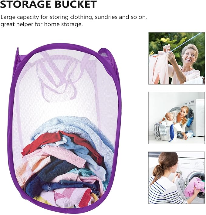 Foldable Pop-up Mesh Laundry Hamper with Handles Purple Breathable Clothes Basket for College Dorm Small Apartment Camping Storage Organizer
