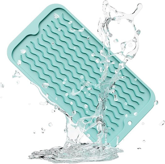 ZLR Silicone Sponge Holder & Sink Caddy Tray (6" x 12") - Narrow Dish Drying Mat for Kitchen Counter - Waterproof Soap Dispenser Organizer, Non-Slip Bathroom Vanity Tray (Mint Green)