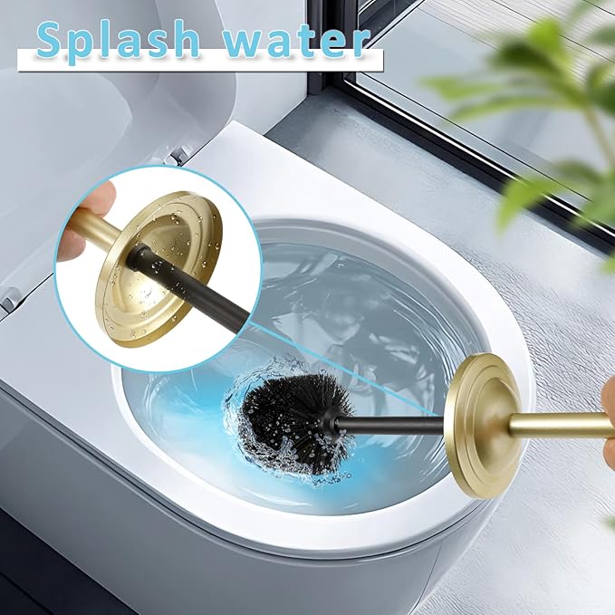 Gold Toilet Brush and Holder Set,304 Stainless Steel Toilet Bowl Brush and Holder for Bathroom,Heavy Duty Toilet Brush,Durable Scrubbing Bristles,Splash Resistant,Long Handle