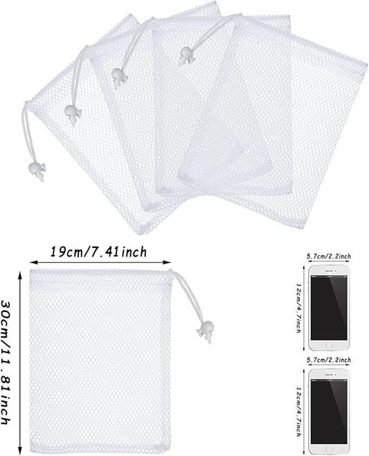 TecUnite 10 Pcs Mesh Laundry Bags with Drawstring Multicolor Mesh Sack Bag Nylon Gift Dishwasher Bag with Sliding for Storage Clothes Socks Jewelry Gifts Toys Fruit(11.8 x 7.5 Inch,White)
