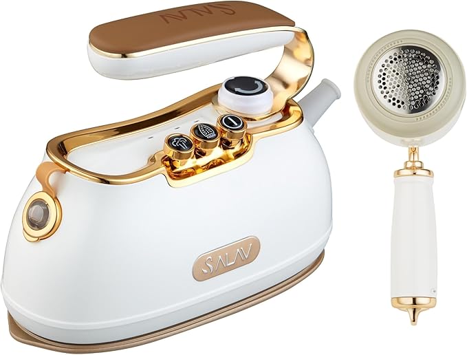 SALAV IS-900A Retro Handheld Garment Steamer + Iron, Ceramic Steam Plate, 1000 watts of Steam, Removes Wrinkles on Clothes (Steamer and Iron + Fabric Shaver and Lint Roller, Pearl)