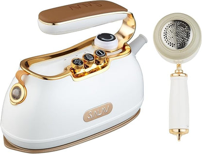 SALAV IS-900A Retro Handheld Garment Steamer + Iron, Ceramic Steam Plate, 1000 watts of Steam, Removes Wrinkles on Clothes (Steamer and Iron + Fabric Shaver and Lint Roller, Pearl)